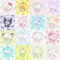 an assortment of cartoon stickers in different colors and sizes on a white, blue, yellow, pink, green, purple