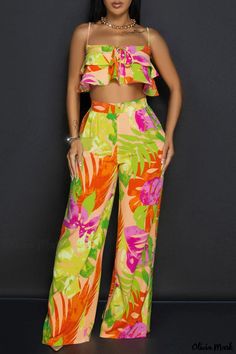 Olivia Mark - Vacation Chic Two-Piece Sets Featuring Ruffled Cami Tops and Wide Leg Pants Multicolor Two-piece Pant Set For Summer, Multicolor Two-piece Summer Pants, Multicolor Pant Set For Spring Vacation, Multicolor Pant Set For Vacation In Spring, Spring Vacation Multicolor Pant Set, Summer Multicolor Two-piece Pant Set, Multicolor Two-piece Pant Set For Spring, Tropical Multicolor Sets For Spring, Multicolor Matching Set Bottoms For Vacation