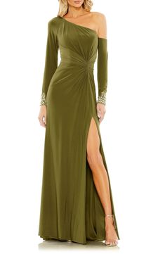 Mac Duggal One-Shoulder Long Sleeve Jersey Gown | Nordstrom Long Sleeve Ruched Evening Dress For Gala, Ruched Long Sleeve Evening Dress For Gala, Long Sleeve Ruched Evening Dress, Summer Bridesmaid Dresses, Formal Ball Gown, One Shoulder Gown, Bride Groom Dress, Long Sleeve Gown, Formal Dresses Gowns