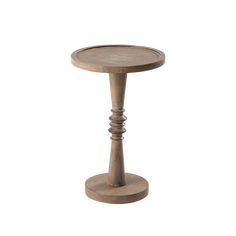 a small wooden table with two legs and a round top on an isolated white background