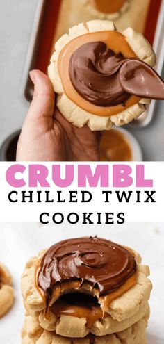 a person holding a peanut butter cookie with the words crumbl chilled twix cookies