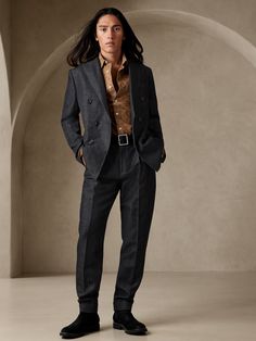 A modern marvel, this double-breasted suit jacket is cut from a rich twill combining all-weather wool and beautiful, naturally breathable linen that mimics the versatility and authentic hue of real denim.  TAILORED SLIM FIT: More relaxed than our Sli Cherokee Jack, Guy Standing, Open Jacket, Men's Hairstyles, Man Standing, Peak Lapel, Double Breasted Suit Jacket, Mens Hairstyles, Double Breasted