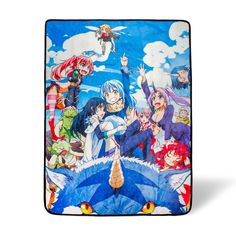 an image of anime characters on a blue and white background with clouds in the background