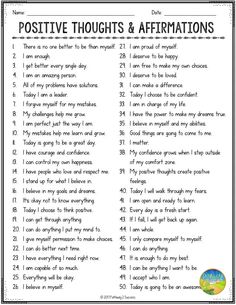 positive thoughts and affirmations worksheet