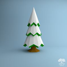 an origami christmas tree with green leaves on it's base, against a blue background