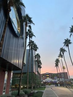 palm trees line the sidewalk in front of an office building at dusk, with people walking by