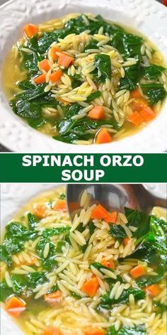 spinach and orzo soup in a white bowl