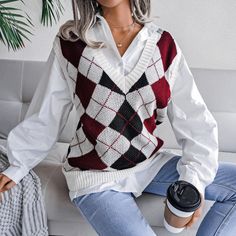 F00078426-304 Diamond Vest, Argyle Vest, Sleeveless Outfit, Argyle Sweater, Knitting Women Sweater, College Fashion, Knit Vest, Knitted Tank Top, Casual Look