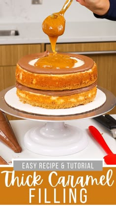 the cake is being drizzled with caramel sauce