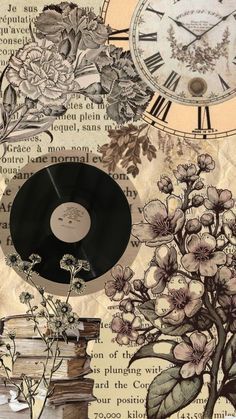 a collage of clocks, flowers and books with an image of a vinyl record