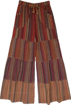 A pair of brown-toned cotton wide-leg pants is the summer essential for the year.  With a drawstring waist, these pants ensure absolute comfort. #tlb #SplitSkirtsPants #WideLegCulottes #Patchwork #Striped #BohemianPants Hippie Brown Bottoms For Fall, Brown Cotton Harem Pants For Fall, Wide Leg Summer Pants Outfit, Brown Wide Leg Cotton Bottoms, Brown Full Length Wide Leg Pants With Elastic Waistband, Brown Full-length Pants For Summer, Brown Full-length Summer Pants, Brown Full Length Summer Pants, Brown Wide Leg Hippie Bottoms