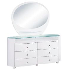 a white dresser with a round mirror on it's top and drawers below the drawer