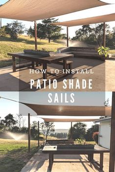 how to install a patio shade sails on an outdoor table and bench in the back yard