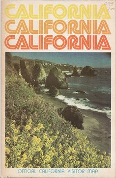 an old california map with the beach and mountains in the background, as well as wildflowers