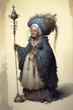 an old woman dressed in blue holding a lamp