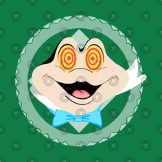 an image of a cartoon character with yellow eyes and a bow tie in front of a green background