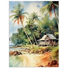 a watercolor painting of a tropical beach scene with palm trees and a house on the shore