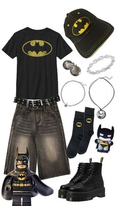 Batman Inspired Outfit Men, Batman Style Outfits, Street Wear Accessories, Disney Fits Aesthetic, Batman Inspired Outfit, Batman Fashion, Batman Clothes, Dc Outfits, Outfit Ideas For Guys