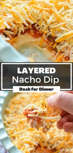 layered nacho dip with cheese on top in a casserole dish for dinner