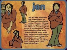 an image of a woman with her arms crossed in front of the caption that says,'jen is alex's best friend she faces life with an off - self - appearing