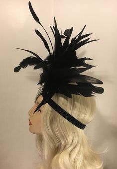 "1920s Flapper, Great Gatsby, Black Gatsby Headpiece, Flapper Headband, Jazz Age, Roaring 20s, Rhinestone Feather Headdress, 1920s, NYE Absolutely stunning headpiece! This is a large dramatic piece, do not wear if you don't want to be the center of attention ; ~) Headbands are handmade, hand stitched, (machine stitched for larger feathers) not held together with only glue so you don't have to worry about it heating up and falling apart. With proper storage they will last for many years. *store f 1920s Black Flapper Dress For Wedding, 1920s Style Black Flapper Dress For Wedding, Vintage Fitted Headpieces For Party, Fitted Feather Trim Headpiece For Party, Elegant Black Flapper Dress For Costume, Black Formal Flapper Dress, Black 1920s Flapper Dress For Costume Party, Gatsby Style Fitted Headpiece For Costume Party, Black Flapper Dress For Wedding