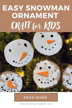 snowman ornament craft for kids made with wood slices and paper machs