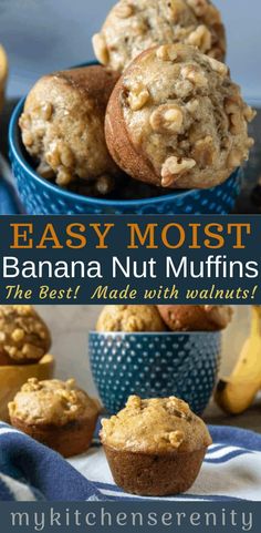 banana nut muffins with walnuts in a blue bowl