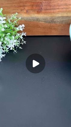 a vase sitting on top of a black table next to a green potted plant