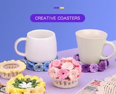 crocheted coffee cups and coasters on a table with the words creative coasters