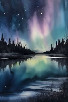 a painting of the night sky over a lake with trees and stars in the background