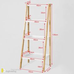 a wooden ladder shelf with measurements for the top and bottom shelves, shown in white