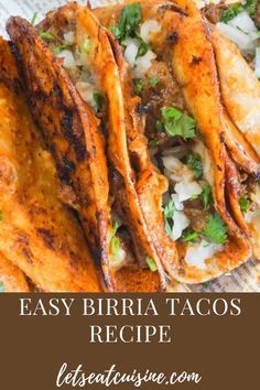 three tacos on a plate with text overlay that reads easy birra tacos recipe