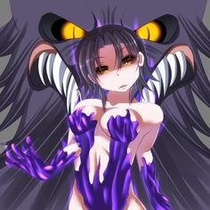 an anime character with large yellow eyes and purple hair, holding her arms out to the side