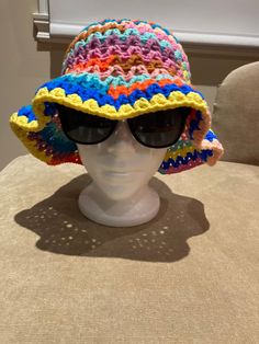 "Hand crocheted hand made cotton bucket hat with floppy wide brim  Size: M-L Crown: 7.5\" Height:9\" Width: 12\" Head circumference : 22\"-24\" Wear this hat to the beach or wear shopping, go for walks." Playful Cotton Bucket Hat For Vacation, Trendy Crochet Sun Hat, Multicolor Brimmed Cotton Yarn Hat, Bohemian Multicolor Cotton Yarn Sun Hat, Playful Crochet Bucket Hat For Vacation, Playful Cotton Beach Hat, Trendy Crochet Hat For Spring, One Size, Trendy Crochet Hat For Spring, Trendy One Size Crochet Hat For Spring