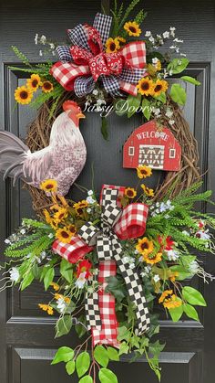 a wreath with sunflowers and chickens is hanging on the front door to welcome guests