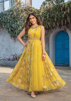 Pin on Party Wear Dresses Dress For Haldi Function, Function Dress, Abstract Nouns, Haldi Function, Mehndi Outfits, Haldi Outfit, Function Dresses, Indian Kurti, Yellow Gown