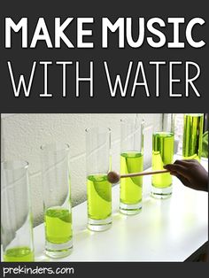 green liquid is being poured into glasses on a table with the words make music with water