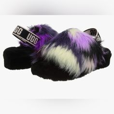 Ugg Women's Fluff Yeah Slide Slipper Black Fluffy Slippers For Winter, Black Casual Slippers With Faux Fur Lining, Black Leather Winter Slippers, Black Synthetic Slippers With Faux Fur Lining, Black Slippers With Faux Fur Lining, Black Round Toe Slippers For Fall, Fluff Yeah Slide, Shoes Ugg, Womens Uggs