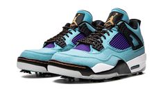 Inspired by Nike’s All Conditions Gear line, the Air Jordan 4 Golf “Torrey Pines” brings a vibrant feel to this classic basketball shoe that has been updated for golf.  The shoe’s upper is built with water-resistant textile in place of the usual leather or nubuck.  Accent hues include teal and purple on the signature netting, and black contrasts emerge throughout.  The heel and tongue Jumpman logos add orange highlights.  Underfoot, visible Air in the heel of the midsole provides cushioning with Jordan 4 Red, Orange Highlights, Jordan 4 Black, Nike Air Jordan Shoes, Torrey Pines, Unique Sneakers, Womens Air Jordans, Purple Accents, Nike Air Jordans