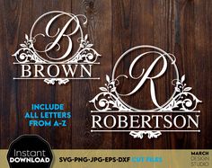 two monogrammed signs with the letter b and r in white on wooden background