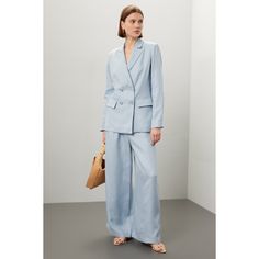 Light blue linen (80% Tencel, 20% Linen). Pants. Front zipper fly with button closure. 28.5" inseam. 16" rise. 28.5" leg opening. Imported. Light Blue Wide-leg Pants, Blue Wide-leg Pants With Belt Loops, Blue Relaxed Fit High-waisted Wide Leg Pants, Washed Blue Cotton Wide-leg Pants, Light Blue Cotton Wide-leg Pants, Rosetta Getty, Rent The Runway, Closet Designs, Blue Hues