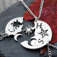 This 3 piece necklace set features a different astronomical body for piece on each necklace. The fine details are engraved, then we hand cut each piece so they all fit together like a puzzle. Then we deeply engrave an initial for you on each piece.We made our Interlocking designs because we wanted to create something that unites people. Either friends or family. Each person gets a piece and every time they look at it, they feel the togetherness and friendship. Harry Potter Friendship, Astronomy Necklace, Family Jewelry, Bff Necklaces, Engraved Initials, Best Friend Jewelry, Family Jewellery, Friendship Necklaces, Moon And Star