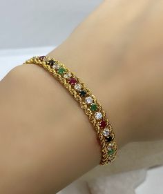 Colorful Bracelet, Gemstone Bracelet, Gold Bracelet, Chain Bracelet, Rope 14k Chain Bracelet, Gold Vintage Jewelry, Jewelry Gift, Wife Gift *100% natural gemstone *14k-18k solid gold *solid gold (NOT plated) *gemstone : ruby-sapphire-emerald-zircon *gemstone: 2.75 mm. *stone shape: round *stones emerald: 9 pcs. *stones ruby: 9 pcs. *stones sapphire : 9 pcs. *stone zircon : 28 pcs. *total gemstones : 55 pcs. Fantasy Jewelry Magic, Gold Vintage Jewelry, Antique Necklace Gold, Bracelet Rope, Gold Jewels Design, Antique Necklaces Design, Gold Bangles For Women, Ruby Earrings Studs, Colorful Bracelet