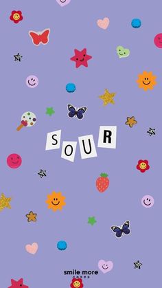 the word sour spelled with cut out letters and smiley faces on a purple background surrounded by stars