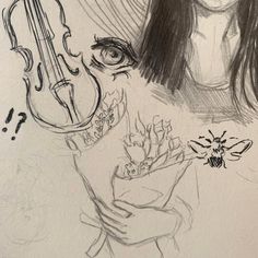 a drawing of a woman holding a violin and looking at a bee on her arm