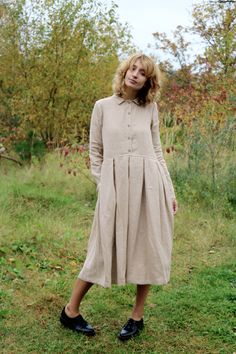 "Beige linen shirt collar dress. Long sleeve linen dress. -------------------------------------------------------------------------------------------------------- ABOUT: This handmade linen dress is perfect for any occasion and for all seasons. Can be made with 3/4 or short sleeves. Friendly for breastfeeding. Made from locally manufactured prewashed linen fabric and is perfect for all seasons. ------------------------------------------------------------------------------------------------------ Beige Linen Shirt, Shirt Collar Dress, Pleated Skirt Dress, Long Sleeved Dress, Linen Fashion, Linen Shirt Dress, Linen Clothing, Dress Handmade, Linen Maxi Dress