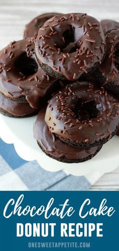 chocolate cake donuts on a plate with sprinkles and text overlay