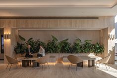 two people sitting at a table in an office with potted plants on the wall