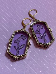 "These timeless beauties are just perfect! The beautiful purple glass catches the light effortlessly highlighting the beautifully etched roses.  For some reason I'm reminded of beauty and the beast when I look at them, just a timeless classic simple beauty. Matching Pendant on light gold plated gorgeous 16\" filigree chain now available?in drop down menu!" Single Rose, Rose Vintage, Violet Purple, Funky Jewelry, Jewelry Lookbook, Leverback Earrings, Staten Island, Gothic Jewelry, Dream Jewelry