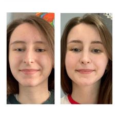 two pictures of the same woman's face before and after makeup